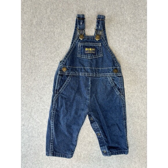 Vintage OshKosh B Gosh 6/9 Months Bib Denim Blue Jean Overalls Vestbak Dark Wash - Picture 1 of 9